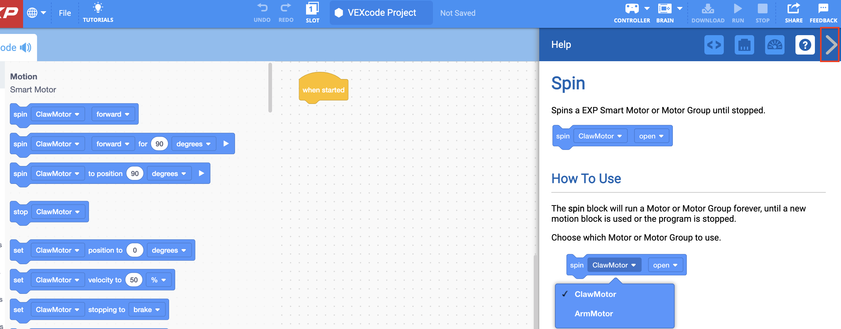 VEXcode EXP, যেখানে সাহায্য মেনু খোলা থাকবে এবং উপরের ডান কোণায় "বন্ধ করুন" মেনু তীরটি হাইলাইট করা থাকবে।