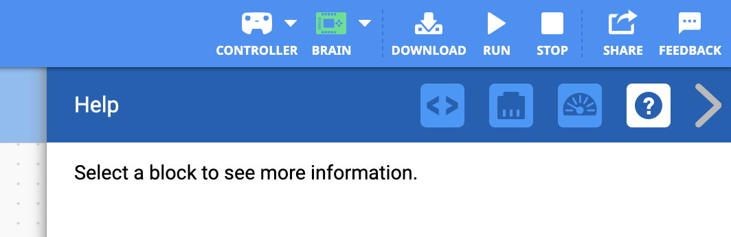 VEXcode EXP con il menu Aiuto aperto e nessun blocco selezionato. Nel menu Aiuto è presente un messaggio che recita "Seleziona un blocco per visualizzare maggiori informazioni".