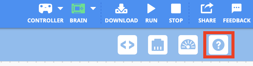 Barra de herramientas VEXcode EXP con el icono de Ayuda resaltado a la derecha del icono Monitor.