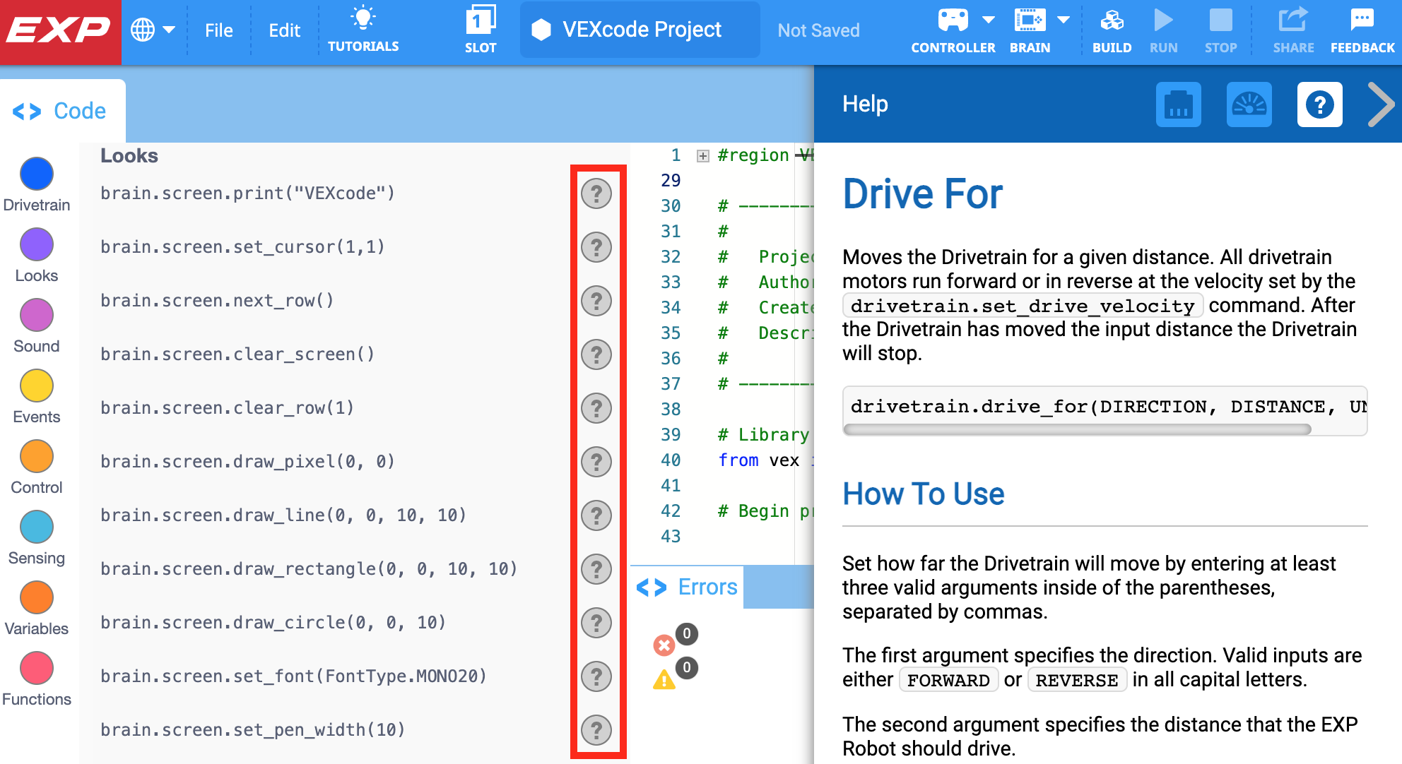 VEXcode EXP Python Toolbox con los iconos de Ayuda resaltados junto a cada uno de los comandos que se muestran en la Caja de Herramientas, lo que indica que cada comando tiene su propia información de Ayuda.