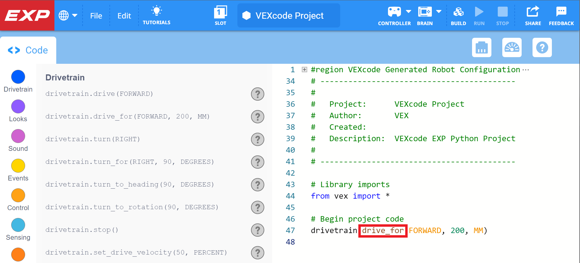 El comando Python en el espacio de trabajo está resaltado.