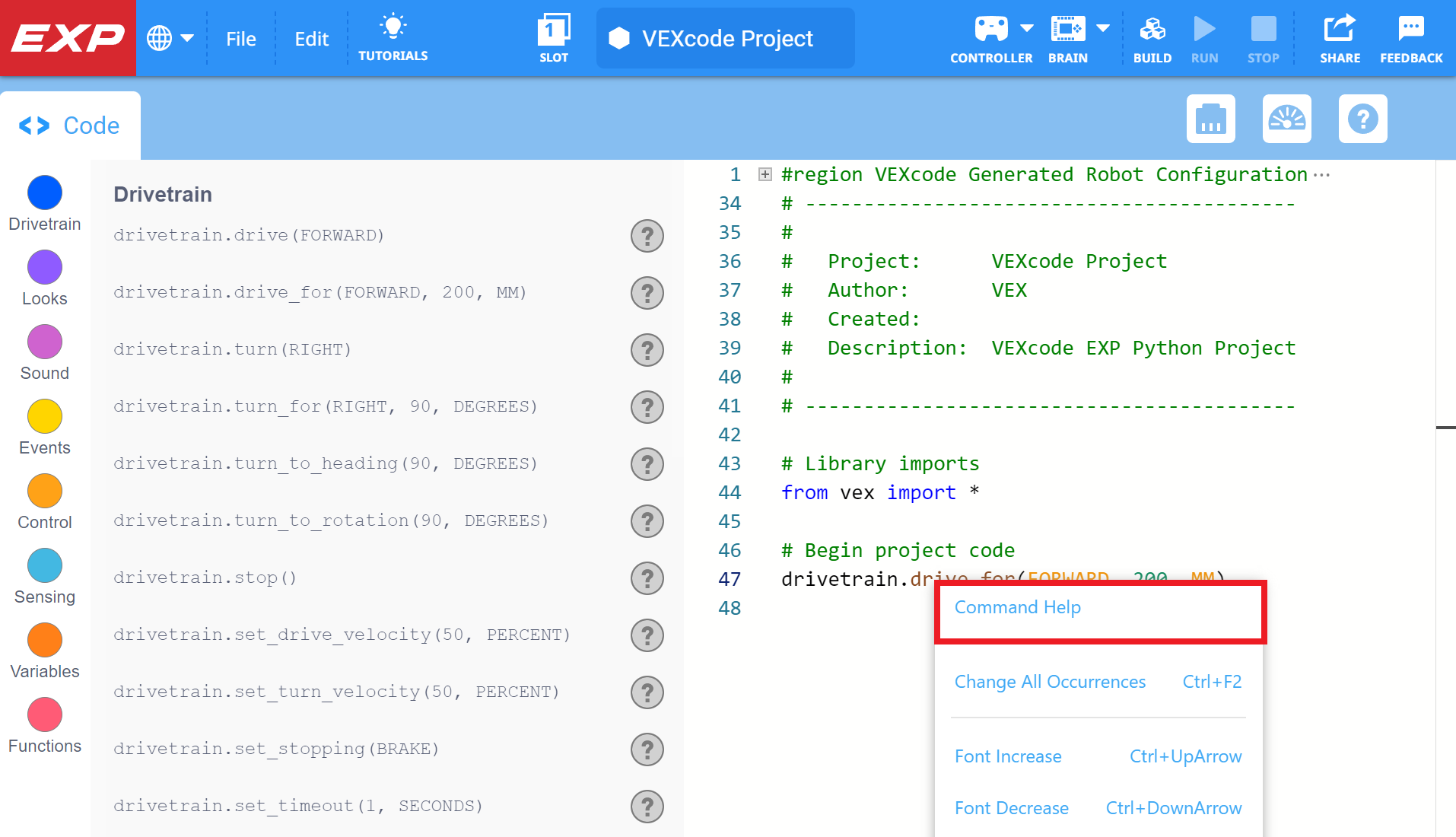 Se ha abierto el menú contextual del comando Python y se ha resaltado la opción Ayuda del comando. La Ayuda de comandos es la primera opción en el menú contextual.