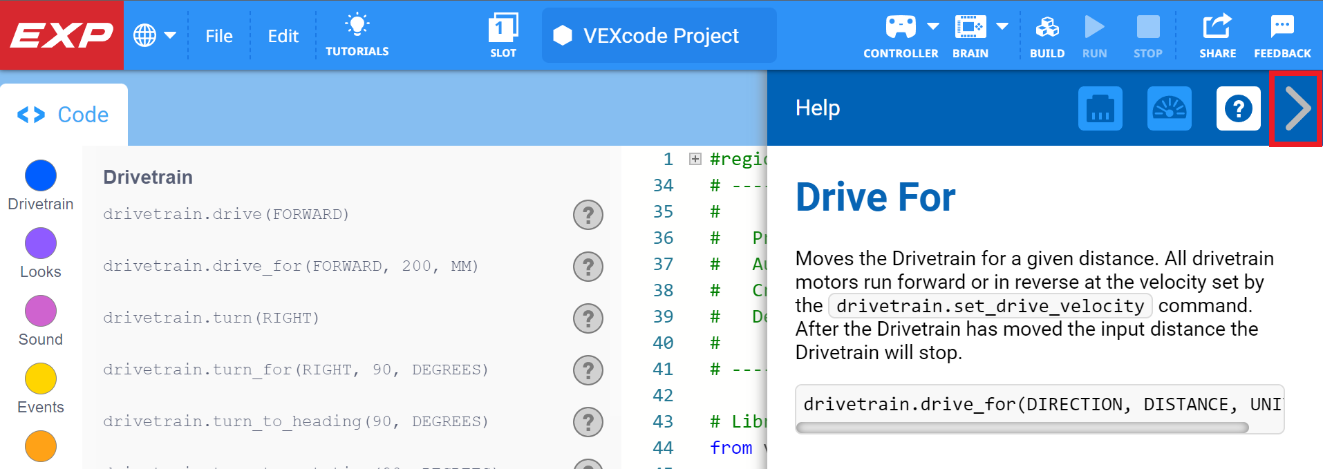 VEXcode EXP с открытым меню «Справка» и выделенной стрелкой закрытия меню в правом верхнем углу.