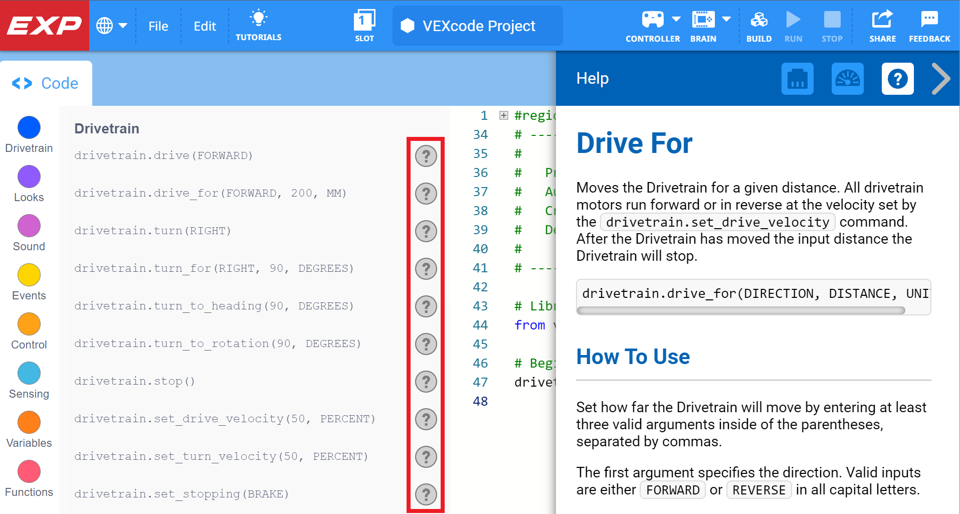 Boîte à outils Python VEXcode EXP avec les icônes d'aide mises en évidence à côté de chacune des commandes affichées dans la boîte à outils, indiquant que chaque commande possède ses propres informations d'aide.