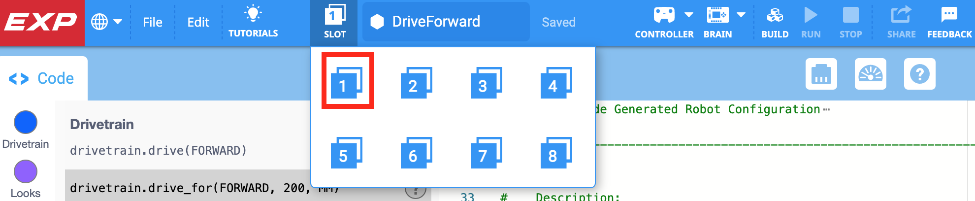 VEXcode EXP met het Slots-dropdownmenu geopend. Er zijn 8 beschikbare slots voor het downloaden van projecten naar de Brain. Het eerste slot is gemarkeerd.