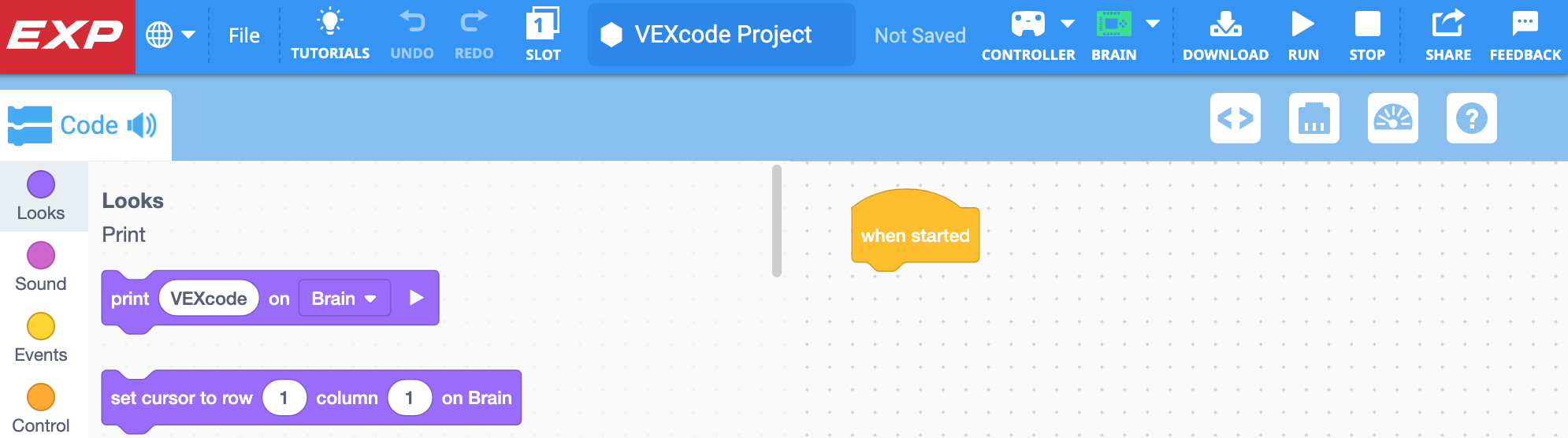 Neues Blocks-Projekt in VEXcode EXP eröffnet.