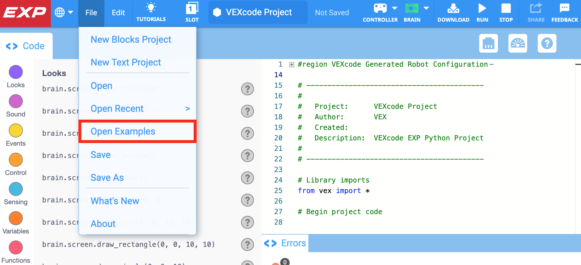 VEXcode EXP Toolbar mit geöffnetem Menü „Datei“ und hervorgehobener Option „Beispiele öffnen“. „Beispiele öffnen“ ist die fünfte Option im Menü, unterhalb von „Neues Blockprojekt“, „Neues Textprojekt“, „Öffnen“ und „Zuletzt geöffnet“.