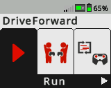VEXcode EXP Brain 화면이 Drive Forward 프로젝트 옵션이 열려 있고 실행 버튼이 선택된 상태로 표시됩니다.