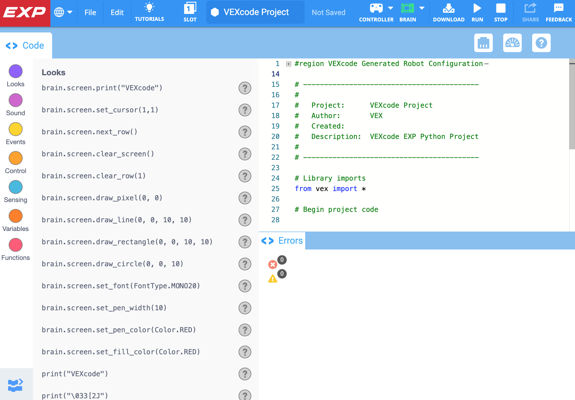 Dự án Python mới đã được mở trong VEXcode EXP.