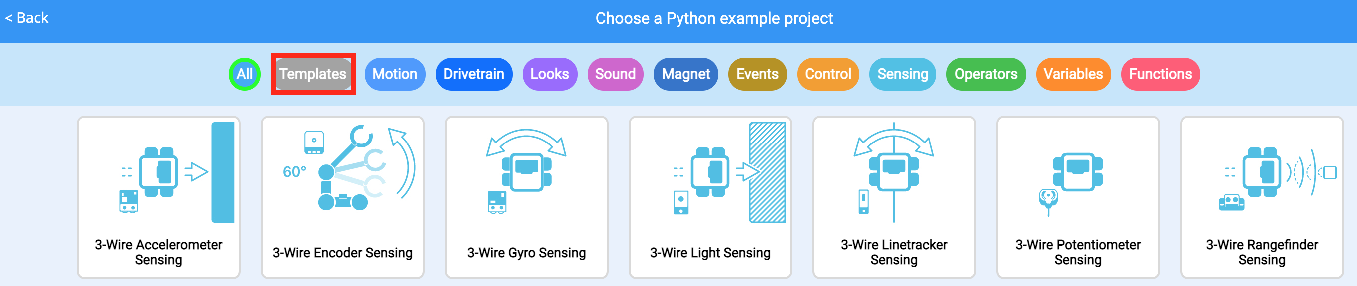 VEXcode Example Projects menü, ahol a szűrősávon a Sablonok kategória van kiemelve.