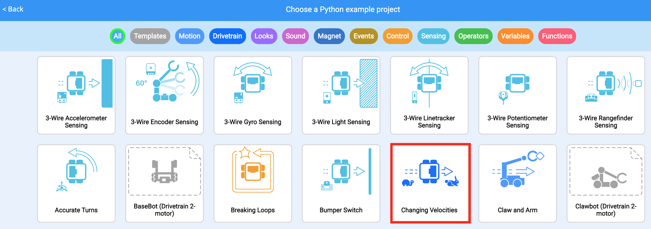 Menu Progetti di esempio VEXcode con evidenziato il progetto di esempio Changing Velocities.