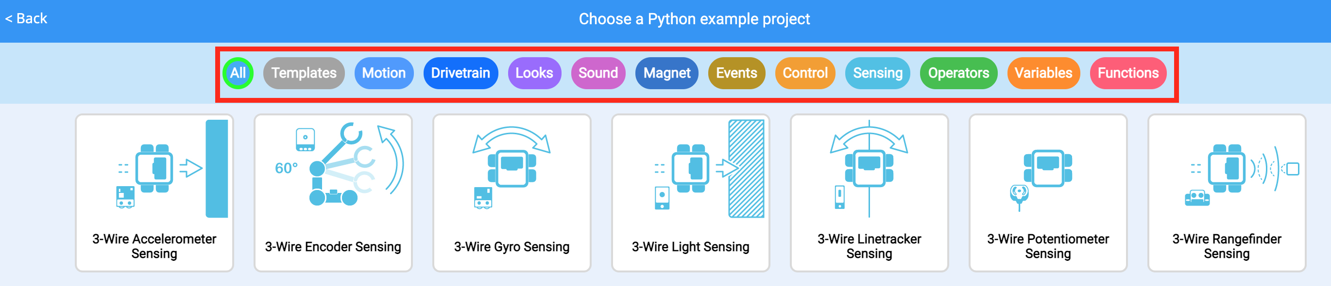 เมนูโครงการตัวอย่าง VEXcode พร้อมแถบตัวกรองที่ถูกเน้นไว้ แถบตัวกรองมีหมวดหมู่ตัวอย่างโครงการมากมาย