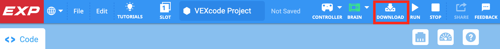 แถบเครื่องมือ VEXcode EXP พร้อมไอคอนดาวน์โหลดที่เน้นไว้ระหว่างไอคอน Brain และ Run