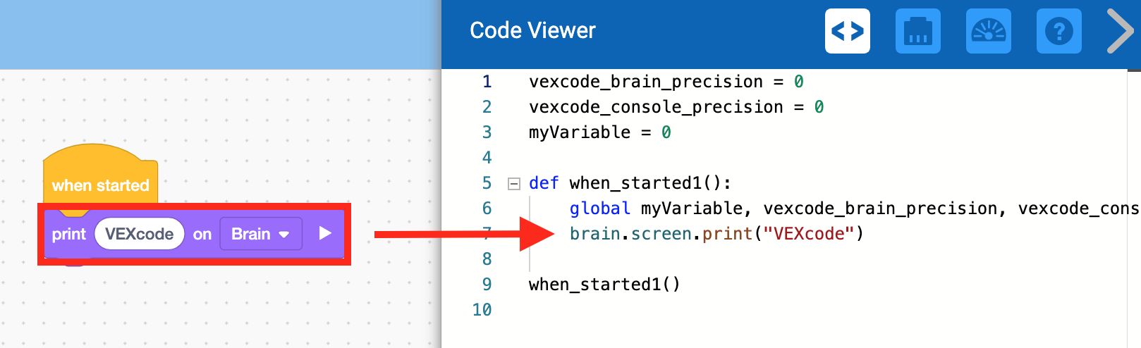 Le menu du visualiseur de code est ouvert et affiche une version Python du projet. La ligne de code correspondant au bloc Print est mise en surbrillance, et la commande se lit brain.screen.print(VEXcode).