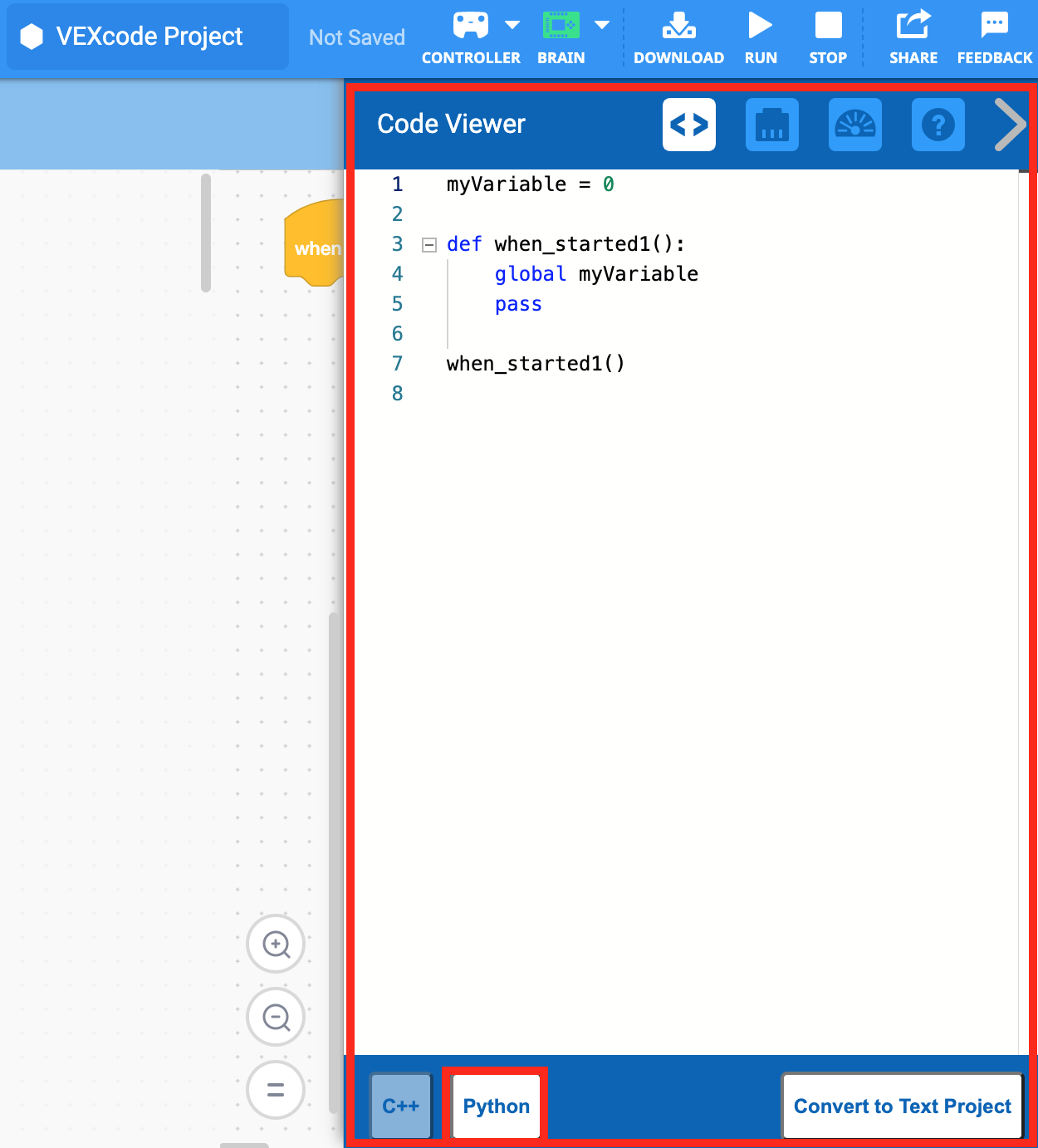 Das Menü „Code Viewer“ ist geöffnet und zeigt eine Python-Version des Blocks-Projekts an. Die Schaltfläche „Python“ ist unten hervorgehoben.