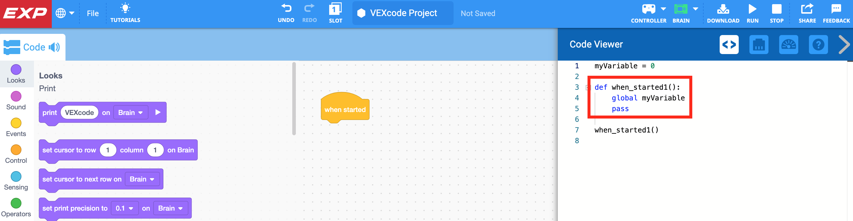 Menu Code Viewer đang mở và hiển thị phiên bản Python của dự án. Dòng mã tương ứng với khối In hiện đã biến mất và chỉ có mã cho khối Khi bắt đầu được tô sáng.