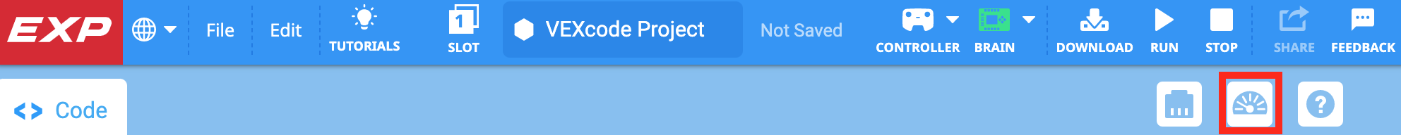 Panel nástrojů VEXcode EXP se zvýrazněnou ikonou monitoru mezi ikonami zařízení a nápovědy.