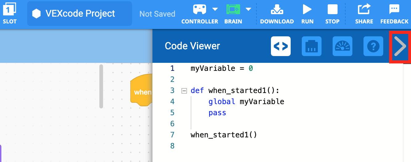 Menu du visualiseur de code avec l'icône de flèche droite mise en évidence dans la barre d'outils. Cette icône permet de fermer le menu.