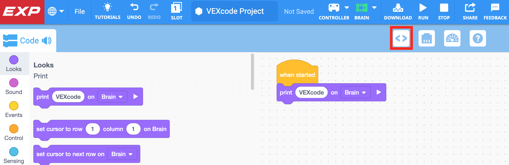 Панель інструментів VEXcode EXP з піктограмою переглядача коду, виділеною ліворуч від піктограми пристроїв.