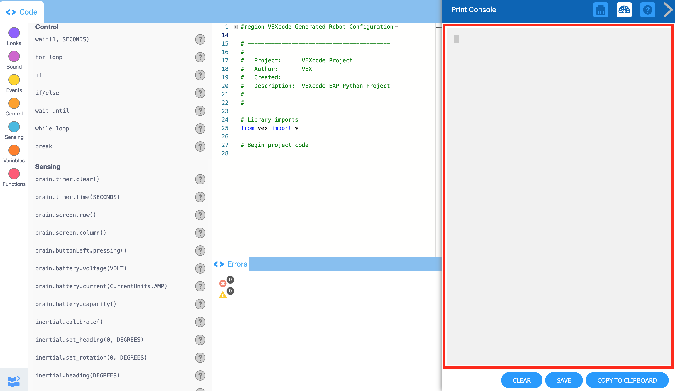 O menu da Consola de Impressão está aberto e apresenta um espaço em branco para os projetos nos quais serão impressas informações e texto.