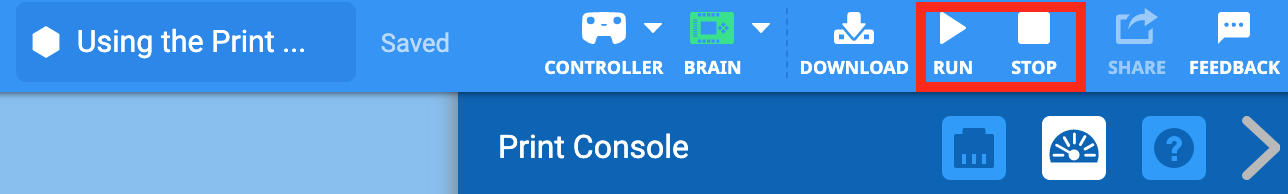 実行アイコンと停止アイコンが同時に強調表示された VEXcode EXP ツールバー。