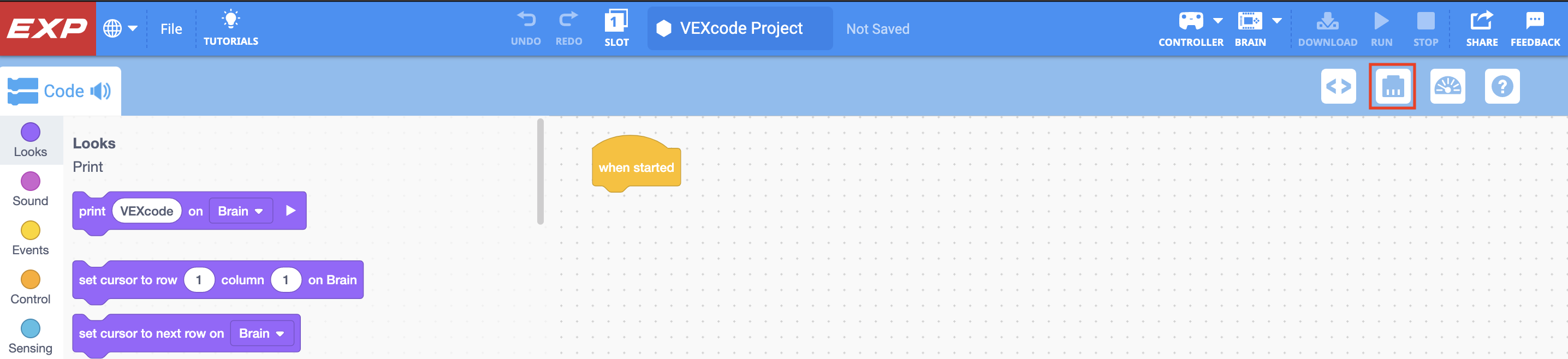 VEXcode EXP টুলবার যেখানে কোড ভিউয়ার এবং প্রিন্ট কনসোল আইকনের মধ্যে ডিভাইস আইকনটি হাইলাইট করা থাকে।