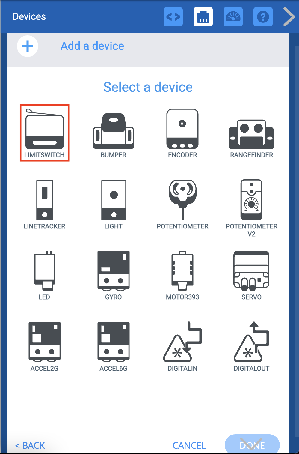 Menu Perangkat VEXcode EXP setelah opsi perangkat 3 Kawat dipilih. Ada menu Perangkat 3-Kabel yang ditampilkan, dan opsi Sakelar Batas disorot.