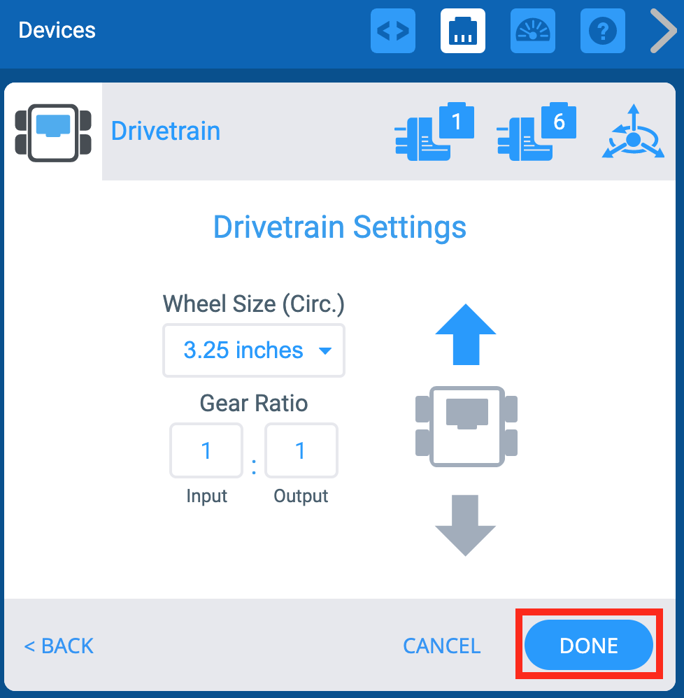 Menú VEXCODE EXP Dispositivos después de seleccionar los puertos del tren motriz y con la pantalla Configuración del tren motriz mostrada. A continuación, se resalta el botón Listo.