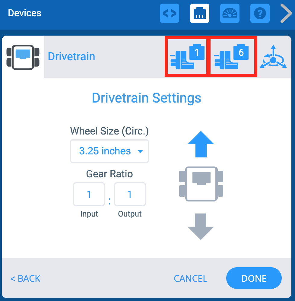 Janela VEXcode EXP Devices com o menu Drivetrain Settings apresentado. Acima, estão destacados os ícones das portas do motor esquerdo e do motor direito.
