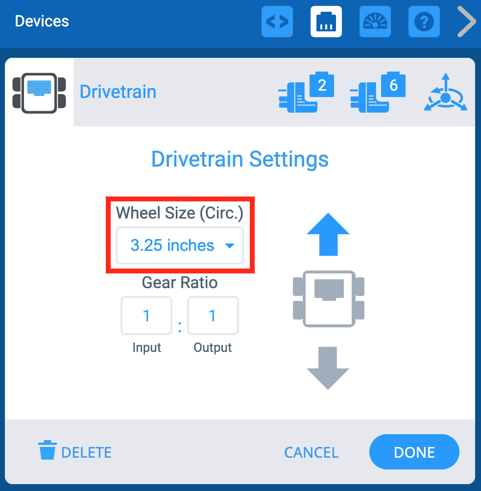 Ventana VEXCODE EXP Devices con el menú Drivetrain Settings mostrado. El menú desplegable Tamaño de la rueda está resaltado.