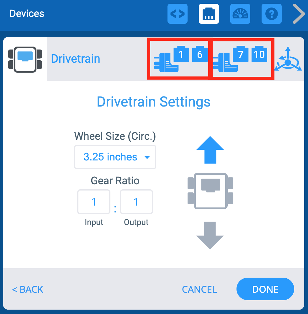 Drivetrain Settings мәзірі көрсетілген VEXcode EXP Devices терезесі. Жоғарыда сол жақ мотор және оң жақ мотор порттарының белгішелері бөлектелген.