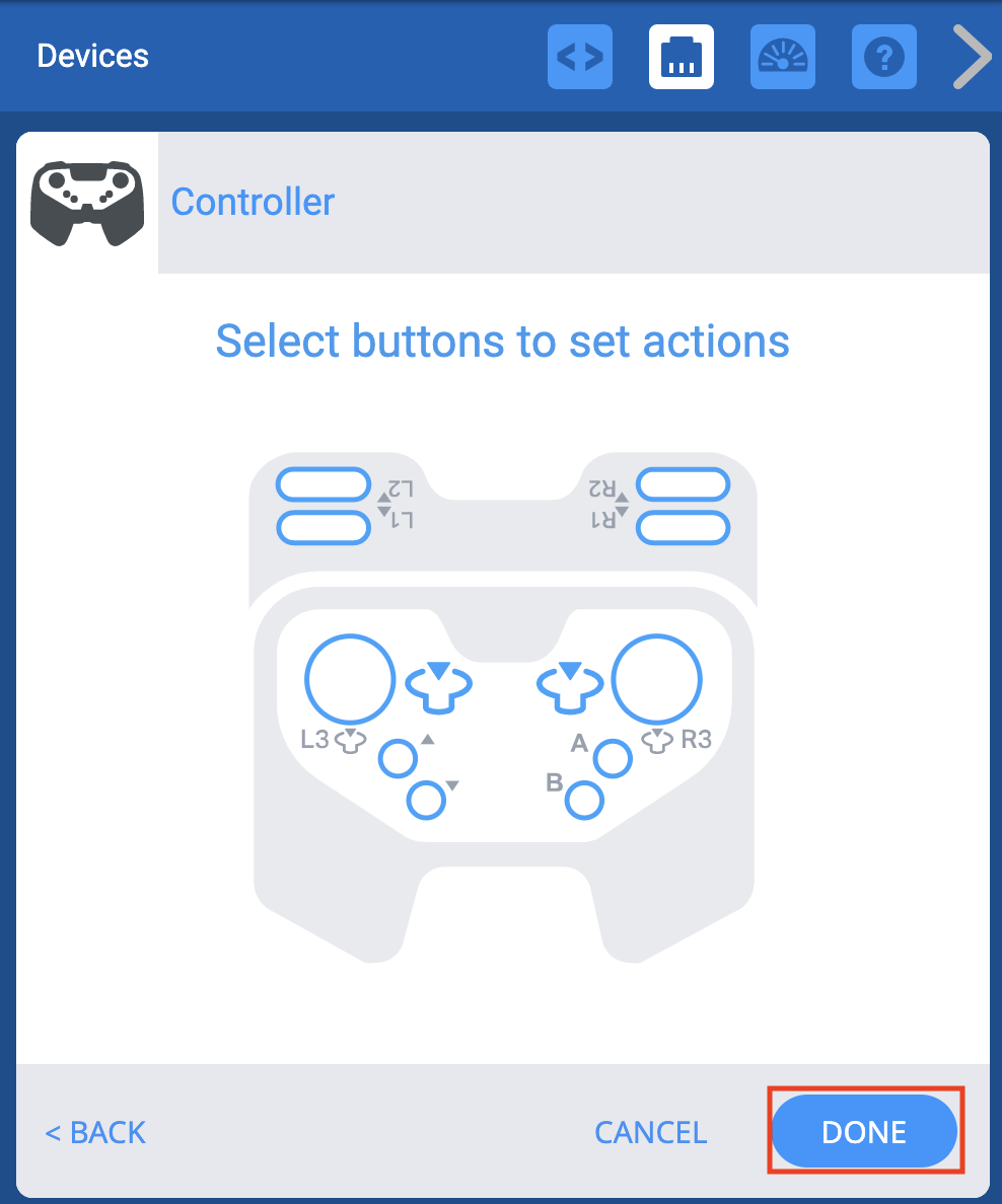 VEXcode EXP Geräte-Menü nach Auswahl der Controller-Option. Unten ist die Schaltfläche „Fertig“ hervorgehoben.