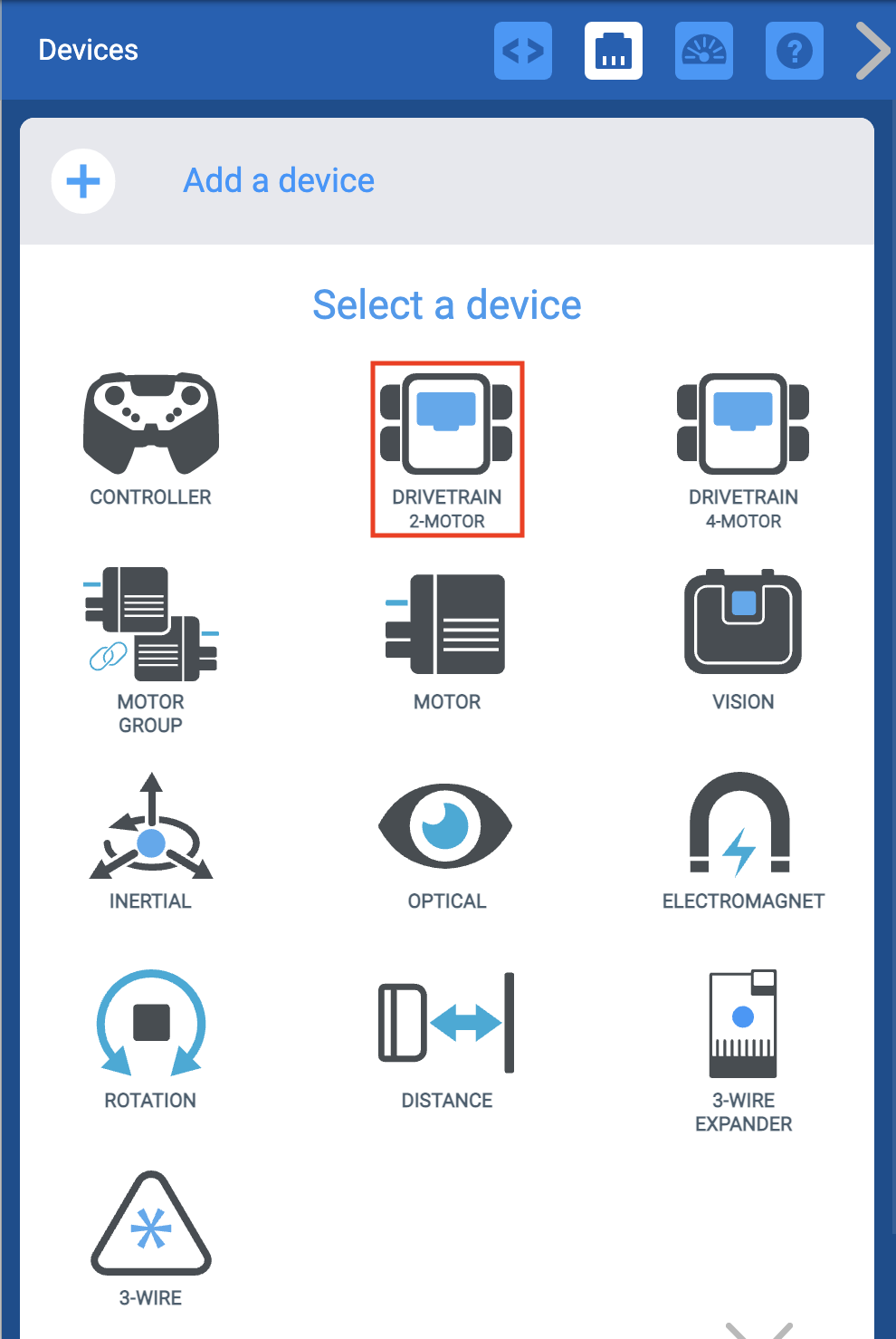 Menu de dispositivos VEXcode EXP após selecionar o botão Adicionar um dispositivo. A opção de motor Drivetrain 2 está destacada.