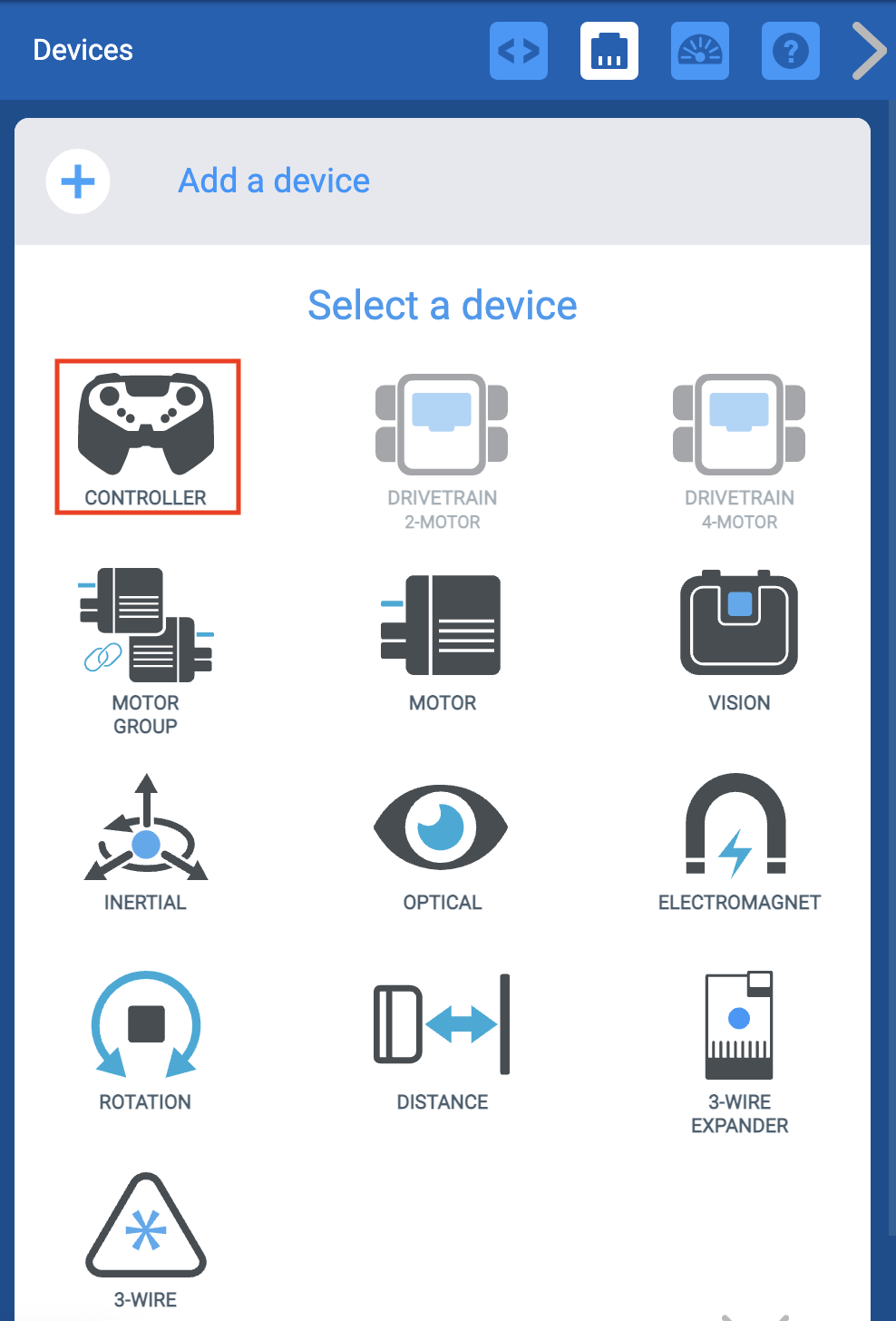 VEXcode EXP Devices-menu nadat de knop Apparaat toevoegen is geselecteerd. De optie Controller is gemarkeerd.