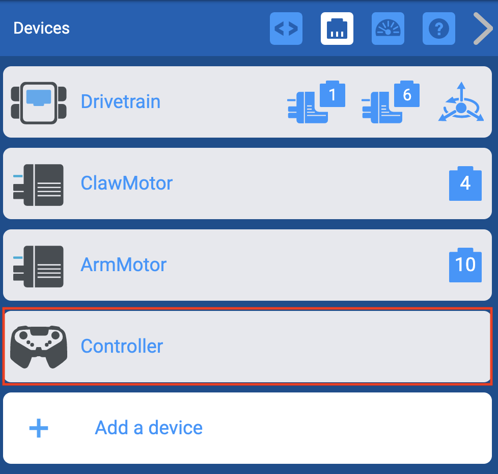 以前に追加したコントローラーが強調表示された VEXcode EXP デバイス メニュー。