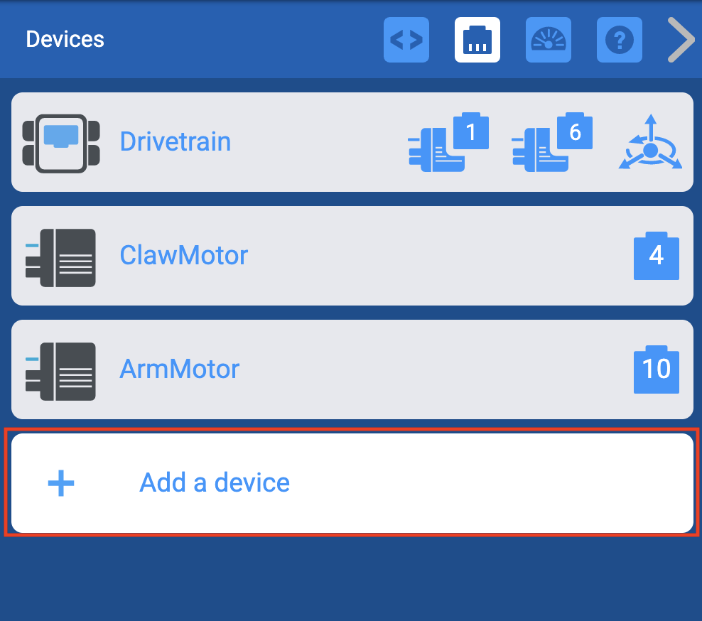 Menu VEXcode EXP Devices avec le bouton Ajouter un périphérique mis en surbrillance.