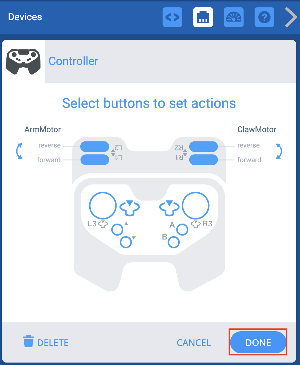 コントローラー オプションが表示され、ボタンがロボットのモーター グループに接続された VEXcode EXP デバイス メニュー。 以下では、「完了」ボタンが強調表示されています。