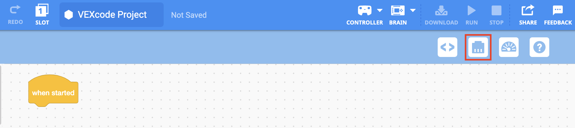 VEXcode EXP Toolbar mit hervorgehobenem Gerätesymbol zwischen den Symbolen Code Viewer und Druckkonsole.