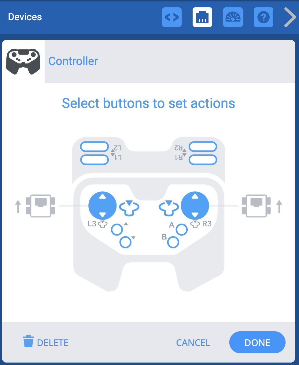 VEXcode EXP Geräte-Menü mit Anzeige der Controller-Optionen. Ein Symbol zeigt an, dass beide Joysticks den Antriebsstrang über das Panzersteuerungsschema steuern.