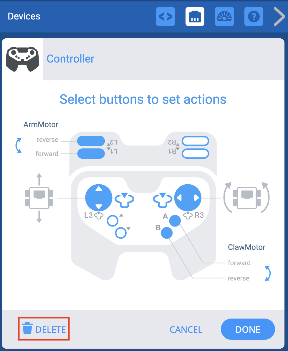 VEXcode EXP Geräte-Menü mit Anzeige der Controller-Optionen. Unten ist die Schaltfläche „Löschen“ hervorgehoben.