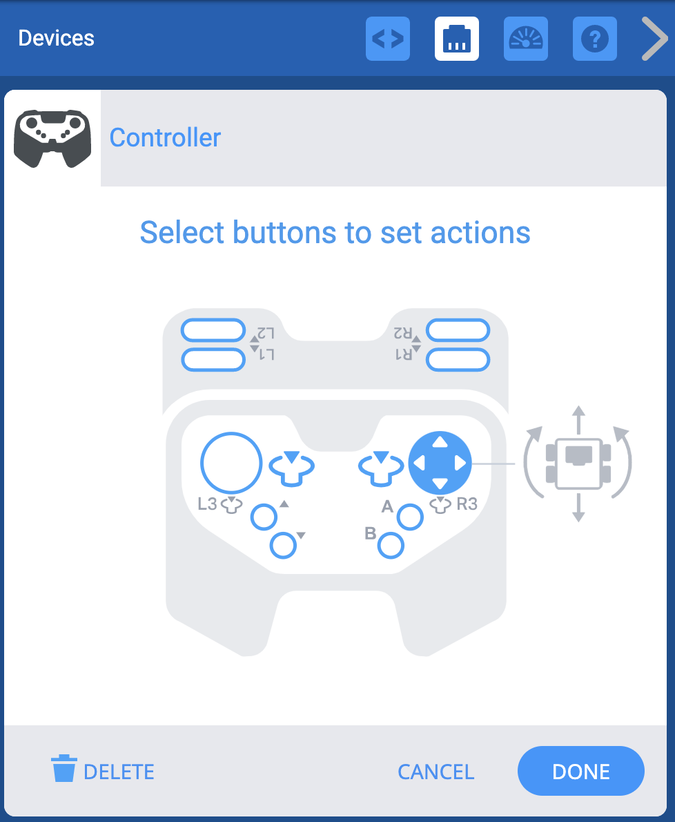 컨트롤러 옵션이 표시된 VEXcode EXP 장치 메뉴입니다. 아이콘은 오른쪽 조이스틱이 오른쪽 아케이드 제어 방식을 사용하여 드라이브트레인을 제어하고 있음을 나타냅니다.