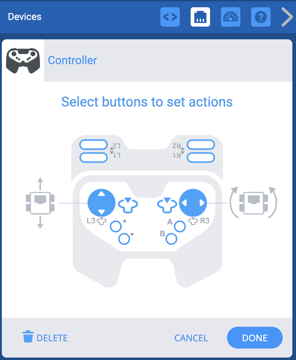 Menu urządzeń VEXcode EXP z wyświetlonymi opcjami kontrolera. Ikona oznacza, że oba joysticki kontrolują układ napędowy, korzystając ze schematu sterowania Split Arcade.