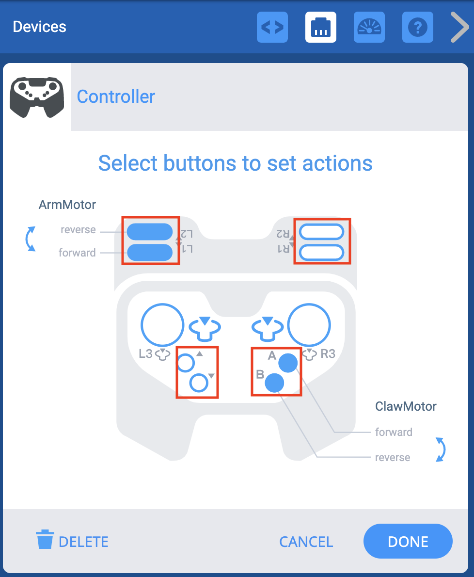 Menú de dispositivos VEXcode EXP con las opciones del controlador mostradas. Los botones aparte de los joysticks están resaltados, con los botones L1 y L2 conectados a un grupo de motor de brazo y los botones A y B conectados a un grupo de motor de garra.