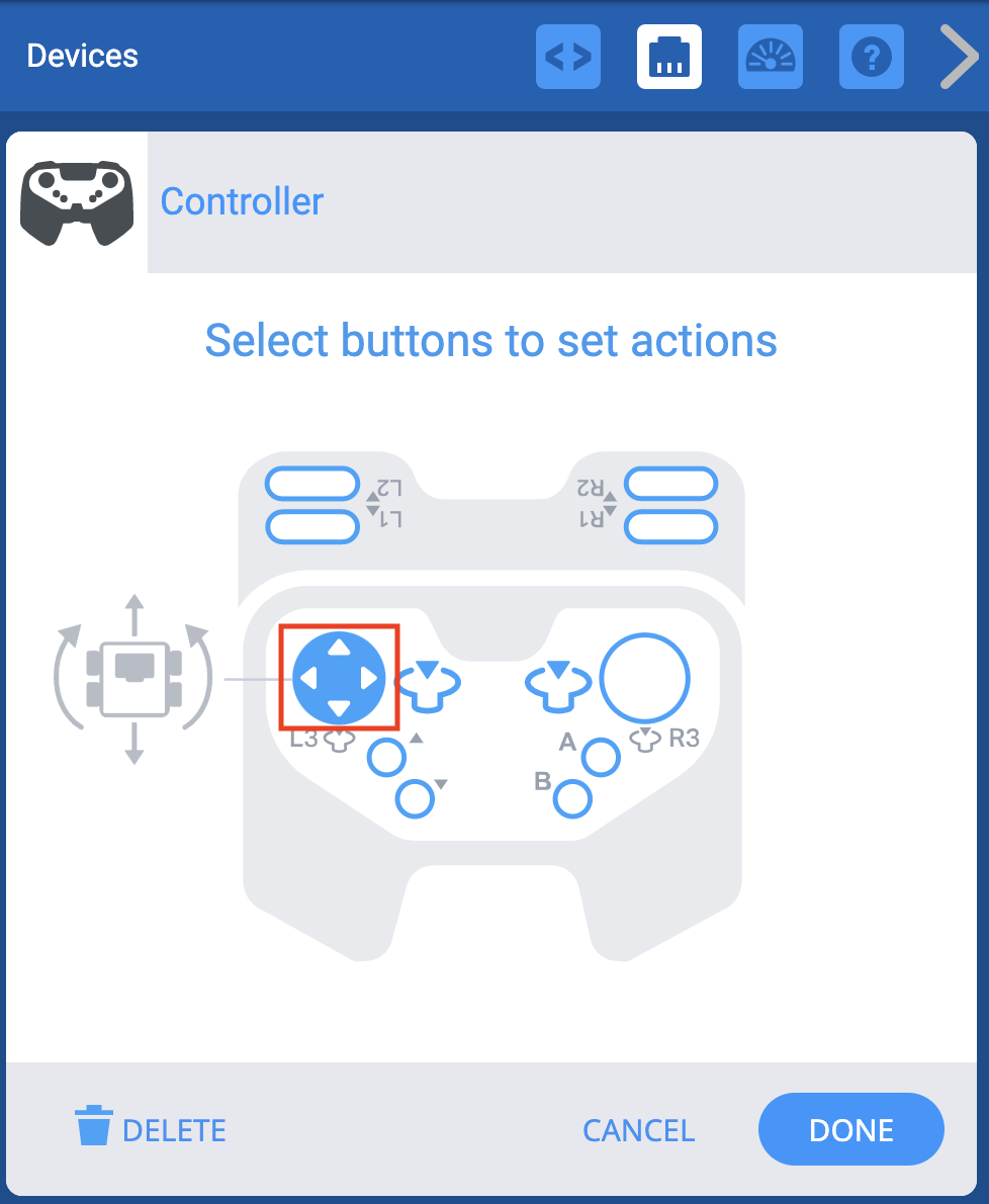 Menu Dispositivi VEXcode EXP con le opzioni del Controller visualizzate. Sul controller è presente uno schema di tutti i pulsanti e ogni pulsante può essere collegato a gruppi motore o trasmissioni selezionandoli nello schema. Il pulsante sinistro del joystick è evidenziato e un'icona indica che è collegato all'Arcade sinistro sulla trasmissione.