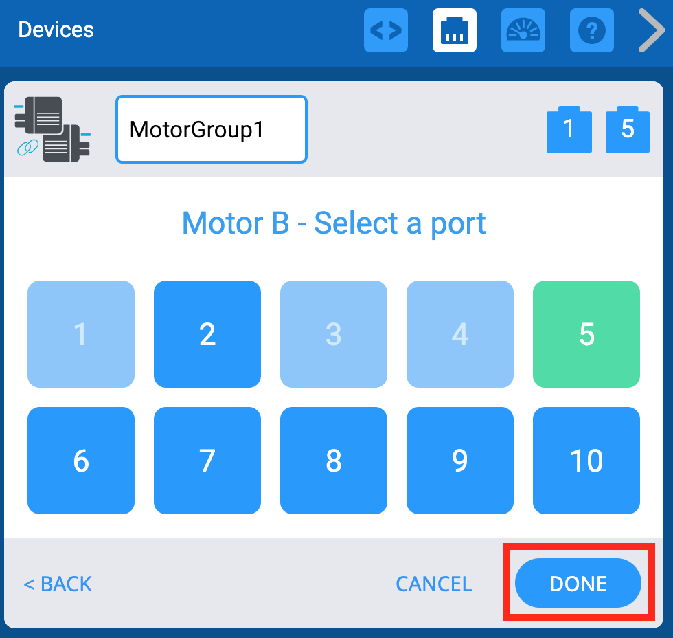 VEXcode EXP ডিভাইস পোর্ট নির্বাচন মেনু ইতিমধ্যে সেট করা পোর্ট নম্বর পরিবর্তন করতে ব্যবহৃত হচ্ছে। পূর্বে নির্বাচিত পোর্টগুলি সবুজ দেখাবে, এবং নতুনগুলি নির্বাচন করার পরে ব্যবহারকারী পরিবর্তনগুলি সংরক্ষণ করতে Done টিপতে পারেন।