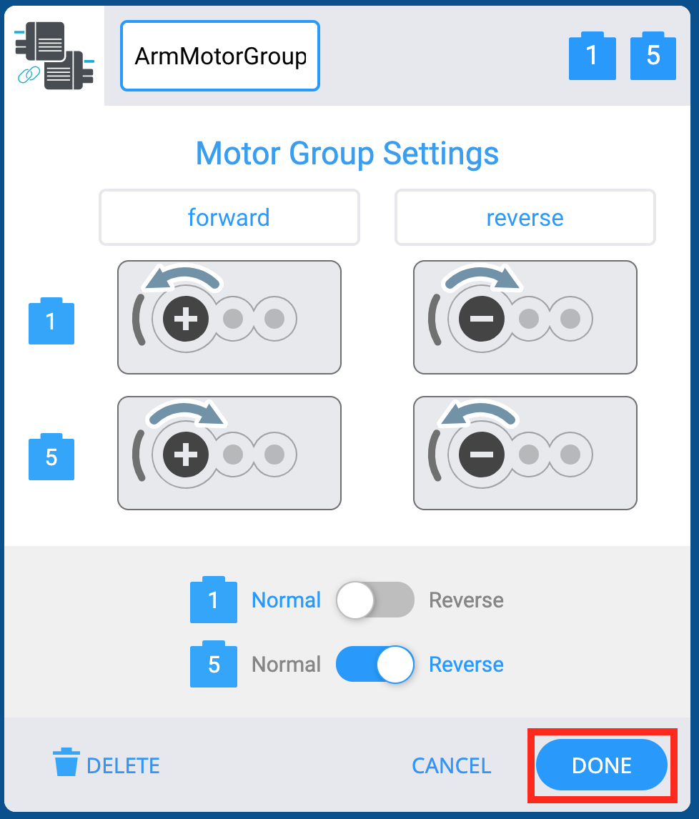 Das Fenster „VEXcode EXP Devices“ zeigt das Menü „Motor Group Settings“ an. Unten ist die Schaltfläche „Fertig“ hervorgehoben.