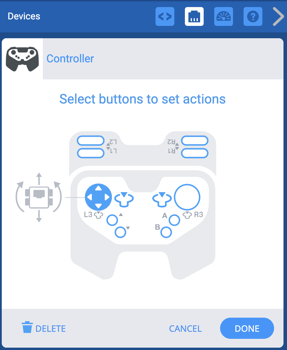 Menú VEXCODE EXP Devices con las opciones de Controller mostradas. Un icono indica que el joystick izquierdo está controlando la transmisión utilizando el esquema de control Left Arcade.