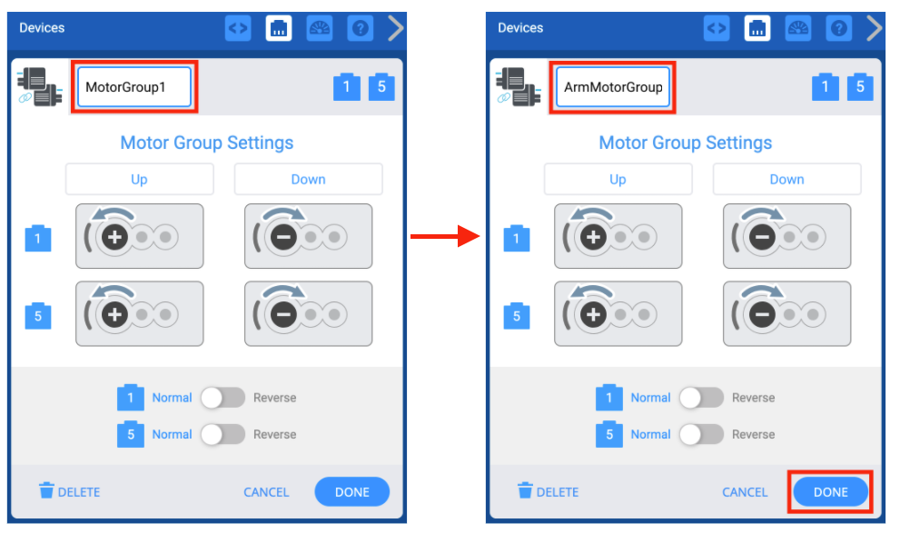 VEXcode EXP ডিভাইস উইন্ডোতে মোটর গ্রুপ সেটিংস মেনু দেখানো হয়েছে। উপরে, মোটর গ্রুপের নাম হাইলাইট করা হয়েছে যাতে বোঝা যায় যে এটির নাম পরিবর্তন করা যেতে পারে। এই উদাহরণে এটির নাম পরিবর্তন করে ArmMotorGroup রাখা হয়েছে।