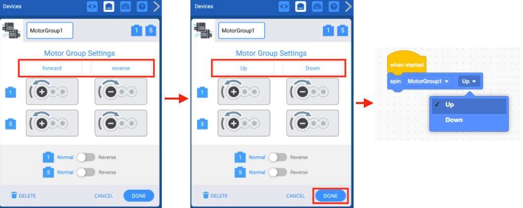 Las capturas de pantalla muestran la configuración del grupo de motores que se utiliza para cambiar el nombre de las direcciones del grupo de motores. A continuación, se muestra el menú desplegable de dirección del bloque Spin y los nuevos nombres de dirección del Grupo Motor están disponibles en el menú.