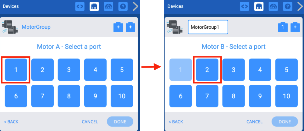 Motor A ve Motor B için Port seçme sürecini gösteren yan yana iki ekran görüntüsü.